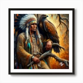 Oil Texture Native American Indian And Hawk Copy Art Print