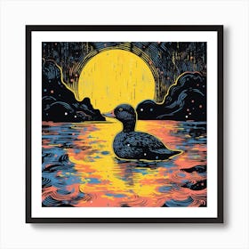 Duckling Linocut Style At Night 1 Art Print