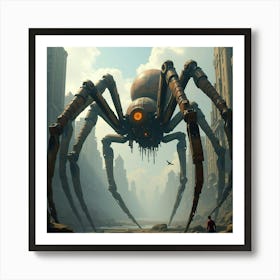 Giant Mechanical Spider Crawling Through A Futuristic, Steampunk Cityscape 1 Art Print