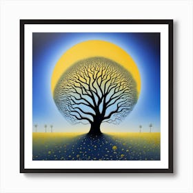 A Tree of life in front of a yellow moon. The tree is tall and thin, with bare branches. The moon is large and round, and it is casting a bright yellow light on the tree and the ground below. The painting is very simple, but it is also very effective. The artist has used a limited number of colors, but they have used them to create a very striking and atmospheric image. The contrast between the black tree and the yellow moon is very stark, and it creates a sense of drama and tension. The painting is also very well-composed. The tree is placed in the center of the image, and the moon is placed in the background. This creates a sense of balance and harmony. Overall, I think the painting is a very beautiful and effective work of art. It is also a very good example of how to use a limited number of colors to create a striking and atmospheric image. Here are some additional observations I can make about the painting: The tree is bare, which suggests that the painting is set in the winter. The moon is full, which suggests that the painting is set at night. The sky is black, which suggests that the night is clear and starlit. The ground is covered in snow, which suggests that the painting is set in a cold climate. The painting has a very somber and melancholic mood. This is conveyed by the use of dark colors, the bare tree, and the cold, winter setting. The painting may be about the loneliness and isolation of winter, or it may be about something more general, such as the ephemeral nature of life Art Print