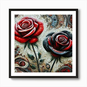 Stunning Red and Black Roses Mosaic Art - Unique Floral Wall Decor, Digital Art Print for Modern Interiors Art Print