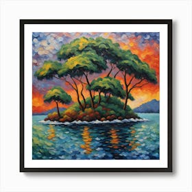 Island Oasis: Mystery Island, Sunset Hues, and Verdant Canopies Art Print