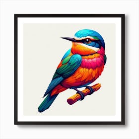 Bird Is The Word 4/4 (bright colourful bird on perch plain white background rainbow cut feathered friend tweet songbird cute wall decoration) Art Print