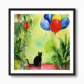 Cat With Balloons Art Print