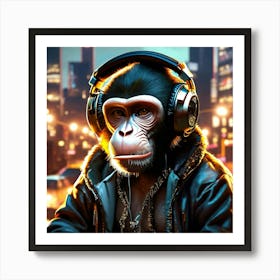 A monkey puts a headphone on his head Art Print