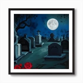 Graveyard At Night With Moonlight Art Print