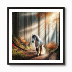 White Horse with a bushy tail and black ears, Art Print