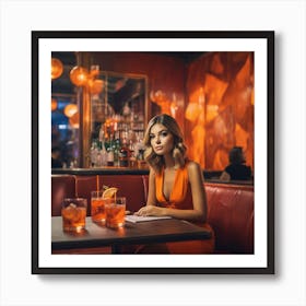 Beautiful Woman In Orange Dress In A Bar 2 Art Print