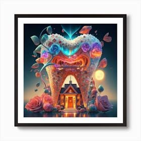 , a house in the shape of giant teeth made of crystal with neon lights and various flowers 1 Art Print