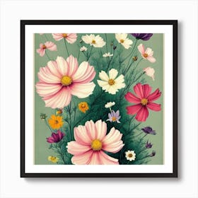 Cosmos 3 Floral Botanical Vintage Poster Flower Art Print Cosmos Art Print