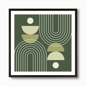 Modern Mid Century Sun, Moon Phases and Rainbow Abstract 30 in Forest Sage Green Art Print