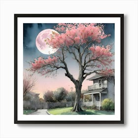 Cherry Blossom Tree At Night Art Print