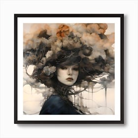 Ink & Watercolour Girl With Floral Hair, Surreal Witch 2 Art Print