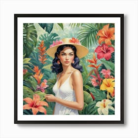 Woman In Tropical Flower Garden Art Print 1 Art Print