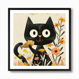 Black Cat With Fish 3 Art Print