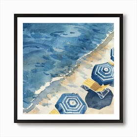 Blue Umbrellas On The Beach 3 Art Print