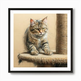 Cat On A Scratching Post Art Print