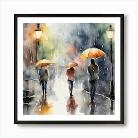 Watercolor Of People Walking In The Rain Art Print