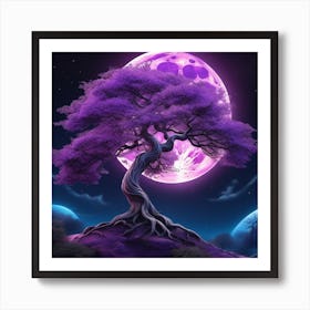 Tree Purple Fire On Moon Art Print