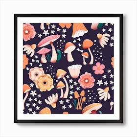 Mushrooms And Flowers Pattern On Purple Square Art Print