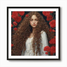 Girl With Red Flowers Art Print