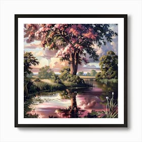 Cherry Blossom Sunrise On The River Art Print