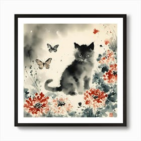 sumi-e black kitten Art Print