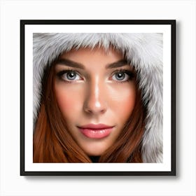 Firefly Macro Portrait Of Freckled Woman In Snowy Fur Jacket 54934 Art Print