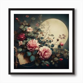 Roses And Moon Art Print