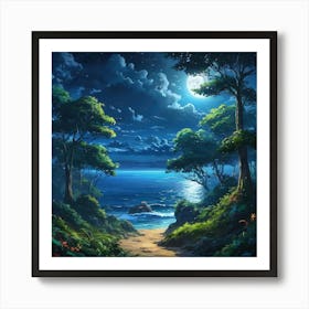 Moonlit Tropical Beach Surrounded by Lush Forest During a Clear Night Art Print