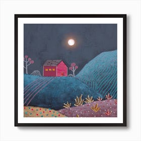 Midnight Landscape And Red House Square Art Print