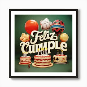 Feliz cumple and Feliz cumpleaños sign means Happy Birthday in Spanish language, Birthday party celebration gift with birthday cake candle colorful balloons best congratulation over light background wall artFeliz Cumple 48 Art Print