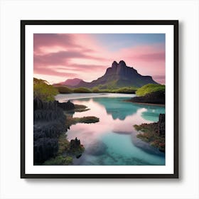 Landscape Mauritius Island Shades Of Blush Pink Pale Blue And Mint Green Art Print