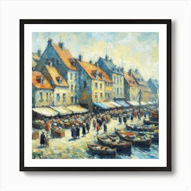 City And Market By The Sea, Acrylic Painting Style Art Print