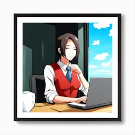 Anime Office Girl In From Of Her Laptop Art Print