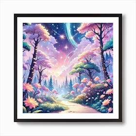 A Fantasy Forest With Twinkling Stars In Pastel Tone Square Composition 321 Art Print