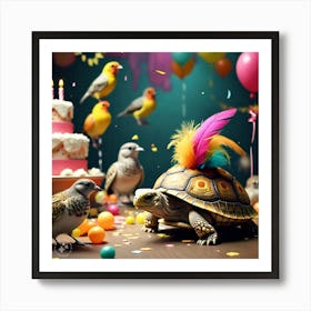 Tortoise With Feather On Is Shell Sneaking Into The Bird S Party And Making Himself At Home (3) Art Print