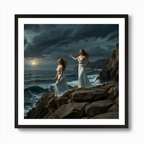 Two Women Standing On The Rocks Art Print