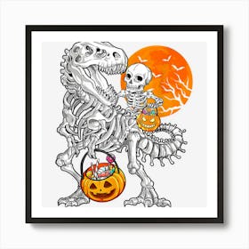 Halloween Skeleton Riding T Rex Dinosaur Holding Pumpkin Boy Art Print