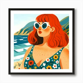 Redhead Woman On The Beach with a Rose Dress Art Print