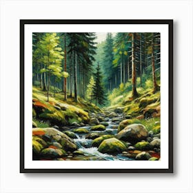 Stream In The Forest, Acrylic Painting Style 14 Art Print