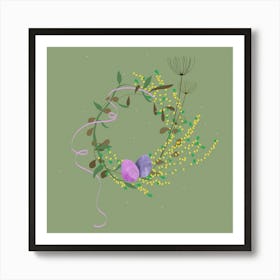 Wreath Flowers Bouquet Easter Eggs Nature Drawing Design Easter Decoration Botanical Spring Eggs Branches Ribbon Branch Background Green Art Print