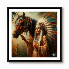 Elderly Native American Woman With Horse Art Print