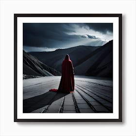 Red Cloak, Lady in Red Gown, Realistic Landscape, Far away travel destination, digital art print, home decor Art Print