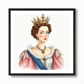 Queen Elizabeth I In Watercolor, Elegant Setting, Detailed Crown 1 Art Print