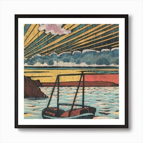 Oil painting of a boat in a body of water, woodcut, inspired by Gustav Baumann 1 Art Print