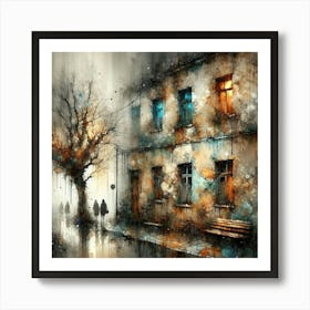 Enigmatic Night Aura: A Stunning Depiction of Mold-Stained Old House Wall in Watercolor Technique Inspired by Schaller and Merriam. Art Print