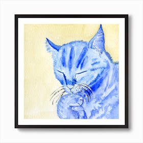 Blue Cat Licking His Paw Watercolor Painting Art Print