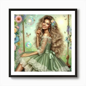 Beautiful Girl In Green Dress Art Print