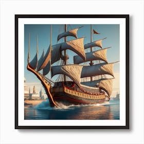 Xebec Ship Sailing On The Sea With Persian Town (3) Art Print